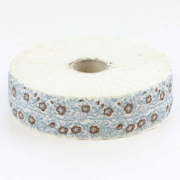 KAFKA F-02/42 Jacquard Ribbon Organic Cotton Trim 1" wide (25mm) Ivory w/Brown Dog Roses