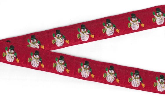 HOLIDAY F-20-A Jacquard Ribbon Poly Trim 1" wide (25mm) VINTAGE Red with Snowmen