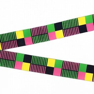 STRIPES G-07-A Jacquard Ribbon Poly Trim 1-1/8&quot; wide (28mm) Douglas Paquette &quot;Preppy Plaid&quot; in Yellow/Pink/Green/Navy Squares & Stripes