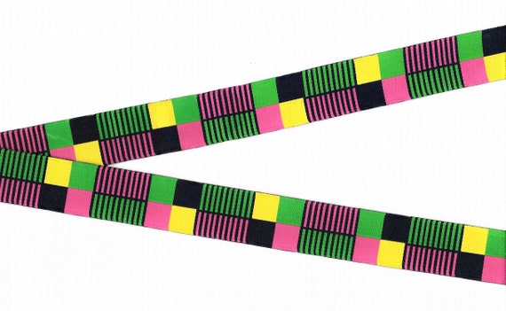 STRIPES G-07-A Jacquard Ribbon Poly Trim 1-1/8" wide (28mm) D. Paquette "Preppy Plaid" in Yellow/Pink/Green/Navy Squares & Stripes