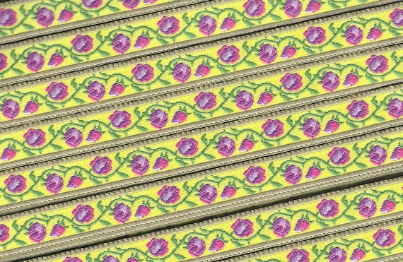 FLORAL B-43-G Jacquard Ribbon Poly Trim 1/2" wide (13mm) Yellow Background, Tan Borders, w/Variegated Pink Flowers, Green Vines/Leaves