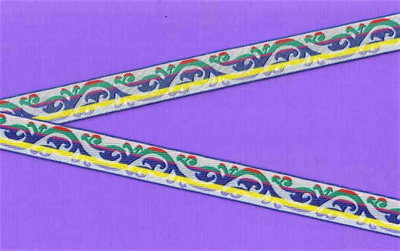 GEOMETRIC D-17-A Jacquard Ribbon Poly Trim, 3/4" Wide (20mm) White w/Unusual Rainbow Scroll Design, Funky, Bright & Happy, Per Yard