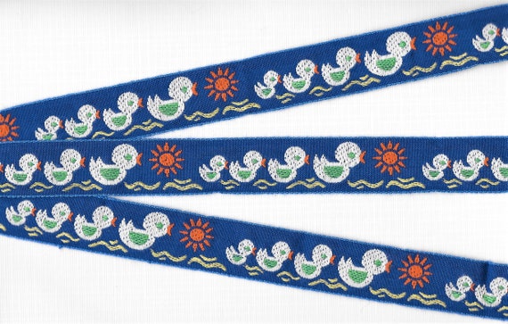 CHILDREN's E-16-B Jacquard Ribbon Woven Cotton Trim 7/8" wide (22mm) Blue w/Four White & Green Ducklings on Water, Orange Accents