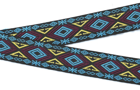 NATIVE AMERICAN J-02-C Jacquard Ribbon Poly Trim, 1-7/8" Wide (48mm) Black w/Yellow, Teal & Burgundy Diamond Southwest Design, Per Yard