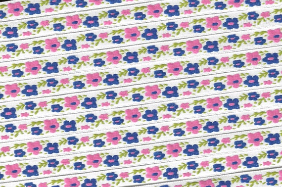FLORAL A-91-A Jacquard Ribbon Polyester Trim 3/8" wide (9mm) White Background w/Royal Blue & Hot Pink Flowers Green Leaves