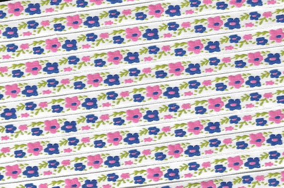 FLORAL A-91-A Jacquard Ribbon Polyester Trim 3/8" wide (9mm) White Background w/Royal Blue & Hot Pink Flowers Green Leaves