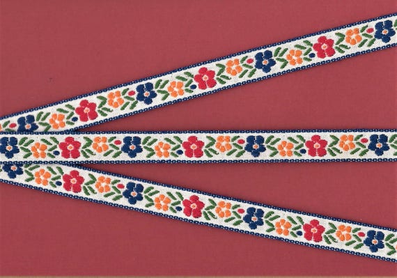 FLORAL C-40-H Jacquard Ribbon Cotton Trim 5/8" wide (16mm) White Background w/Navy, Golden Yellow & Red Flowers, Green Leaves