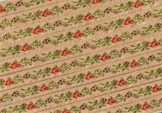 FLORAL A-08-T Jacquard Ribbon Poly Trim 3/8" wide (9mm) Tan w/Orange & Brown Flowers, Olive Leaves