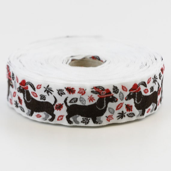 KAFKA F-06/08 Jacquard Ribbon Woven Organic Cotton Trim 1" wide (25mm) NEW White w/Chocolate Brown Dachshunds wearing Red Hats!