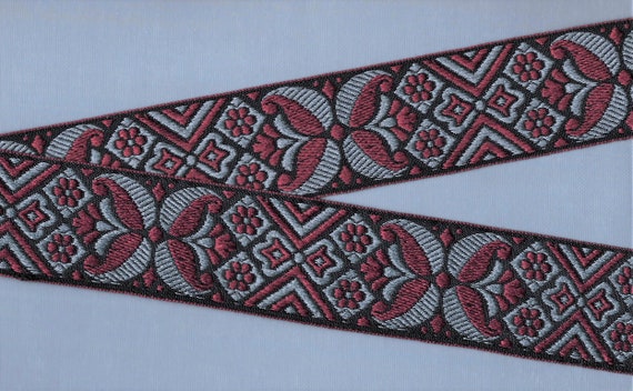 FLORAL H-49-B Jacquard Ribbon Polyester Trim, 1-1/2" Wide (38mm) Black w/Burgundy & Blue-Gray Celtic Floral Motif and Scrolls, Per Yard