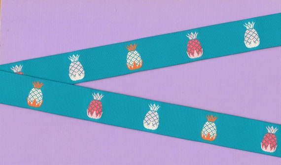 NOVELTY/Fruit F-03-A Jacquard Ribbon Poly Trim 1" wide (25mm) Teal Background w/Colorful Pineapples, Hawaii