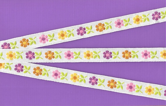 FLORAL D-19-A Jacquard Ribbon Woven Cotton Trim 3/4" wide (20mm) Made in Germany, White w/Pink, Yellow, Purple & Tan Flowers Lt Green Leaves