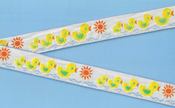 CHILDREN's E-16-C Jacquard Ribbon Woven Rayon Trim 7/8" wide (22mm) White w/Four Yellow & Green Ducklings on Water, Orange Accents