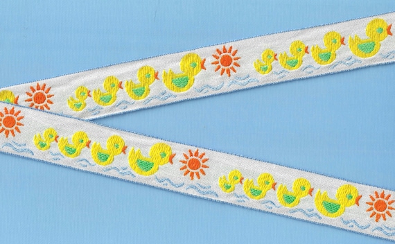 CHILDREN's E-16-C Jacquard Ribbon Woven Cotton Trim 7/8" wide (22mm) White w/Four Yellow & Green Ducklings on Water Orange Accents