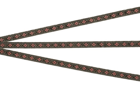 HOLIDAY A-10-A Jacquard Ribbon Poly Trim 3/8" Wide (9mm) Narrow, Small Red Flowers, Metallic Gold Borders/Accents on Black, Per Yard