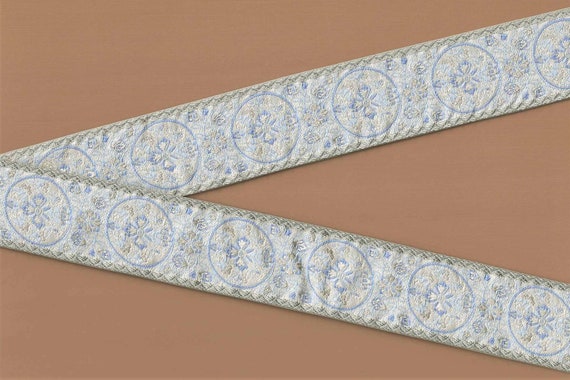 FLORAL H-06-B Jacquard Ribbon Poly Trim 1-5/8" Wide (41mm) VINTAGE Made in France, Shades of Beige & Lt Blue Medallion Floral, Per Yard