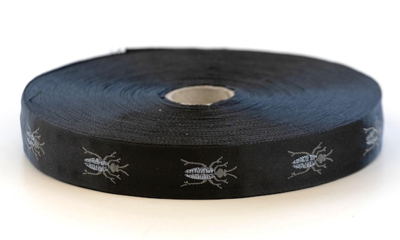 KAFKA D-01/06 Jacquard Ribbon Satin/Lurex Trim 3/4" wide (20mm) Black w/Gray & Metallic Iridescent Beetles, Choose length