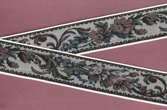 FLORAL TAPESTRY M-08-Q Jacquard Ribbon Poly Trim 2-1/4" wide (57mm) Ivory w/Muted Burgundy, Brown & Rose Flowers, Dk Green Leaves