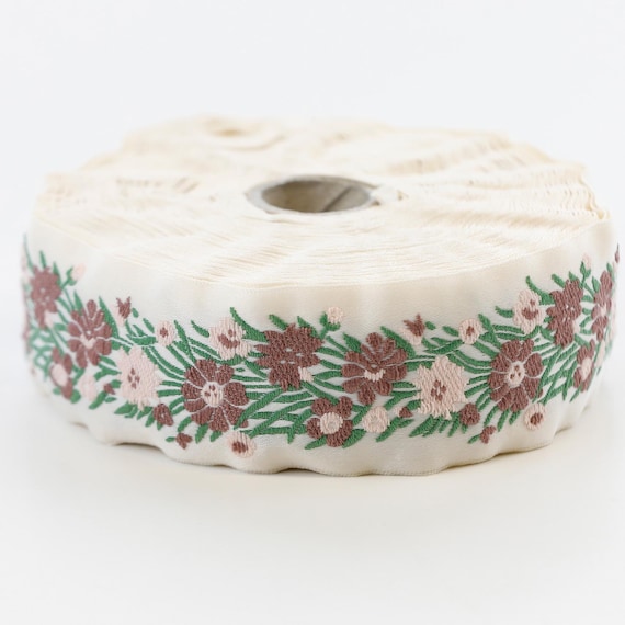 KAFKA G-20/00 Jacquard Ribbon Organic Cotton Trim 1-1/4" wide (32mm) Ivory w/Rose & Pink Flowers