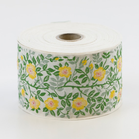KAFKA L-01/03 Jacquard Ribbon Woven Organic Cotton Trim 2-3/8" wide (60mm) Ivory w/Yellow & Pink Dog Roses, 2-Tone Bright Green Leaves