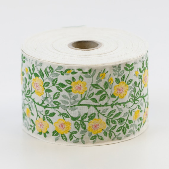 KAFKA L-01/03 Jacquard Ribbon Woven Organic Cotton Trim 2-3/8" wide (60mm) Ivory w/Yellow & Pink Wild Roses, 2-Tone Green Leaves