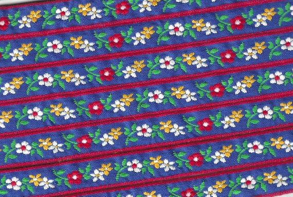 FLORAL B-20-B Jacquard Ribbon Woven Cotton Trim 1/2" wide (13mm) Blue (Red Border) w/Red, White & Yellow Edelweiss, Green Leaves