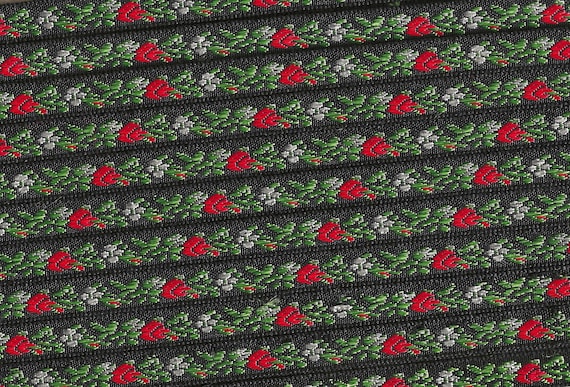 FLORAL A-08-B Jacquard Ribbon Poly Woven Trim 3/8" wide (9mm) Black Background w/Petite Red & White Flowers, Green Leaves