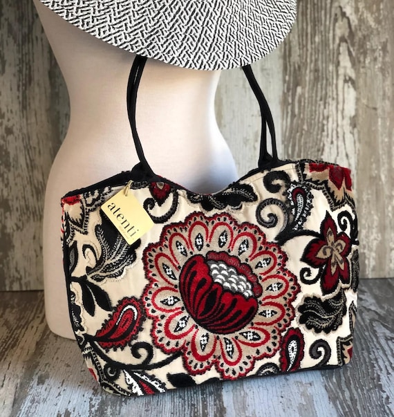 ATENTI Handmade Bags "Paisley Bean" Cut Velvet Tapestry Floral Bag, Needle Arts Organizer Bag and Grand Accessory Pouch 2pc Set, USA Made