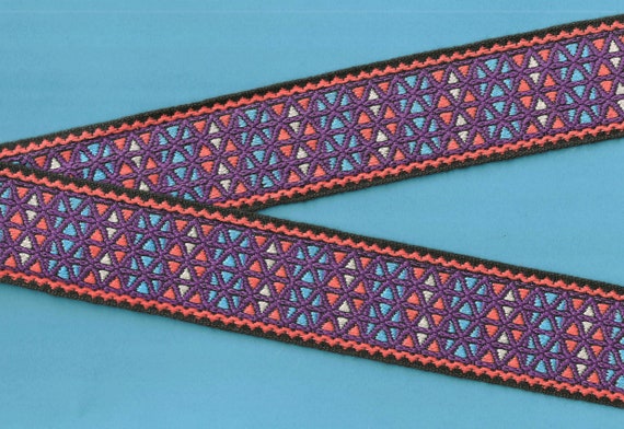 GEOMETRIC K-13-A Jacquard Ribbon Trim Cotton, 2" Wide (50mm) Black w/Purple, Orange and Turquoise "Stained Glass" Pattern, Per Yard