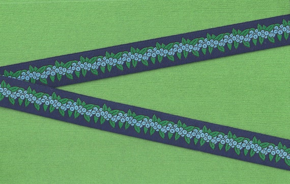 NOVELTY/Fruit RDS E-28-A Jacquard Ribbon Poly Trim 7/8" wide (22mm) NAVY Blue Background w/Sweet Blueberries & Green Leaves