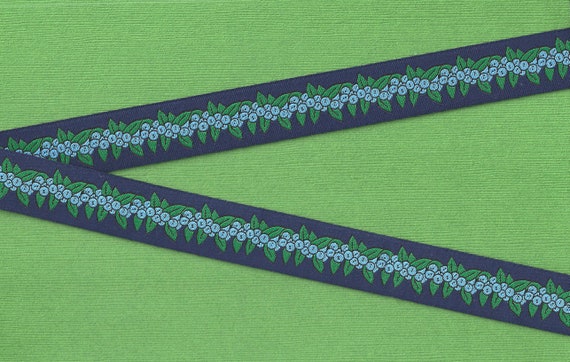 NOVELTY/Fruit E-28-A Jacquard Ribbon Poly Trim, 7/8" Wide (22mm) Sweet Blueberries on NAVY BLUE Background w/Green Leaves, Per Yard