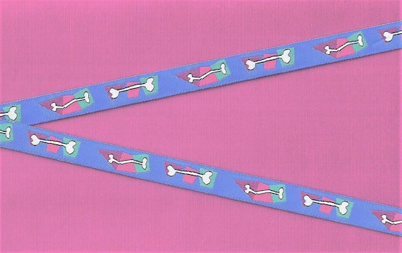 NOVELTY/Dogs B-02-A Jacquard Ribbon Polyester Trim 1/2" wide (13mm) Blue Background w/Funky White Dog Bones, Skeleton Bones