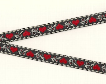 HARTEN/BLOEMEN C-15-A Jacquardlint Katoenen rand 5/8" breed (16 mm) VINTAGE, zwarte achtergrond met rode harten, crèmekleurige accenten, takken en bladeren