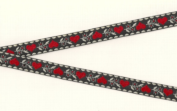 HEARTS/FLOWERS C-15-A Jacquard Ribbon Cotton Trim 5/8" wide (16mm) VINTAGE, Black Background w/Red Hearts, Cream Accents Branches & Leaves