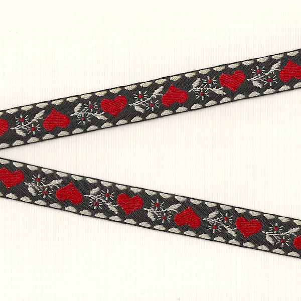 HEARTS/FLOWERS C-15-A Jacquard Ribbon Cotton Trim 5/8" wide (16mm) VINTAGE, Black Background w/Red Hearts, Cream Accents Branches & Leaves