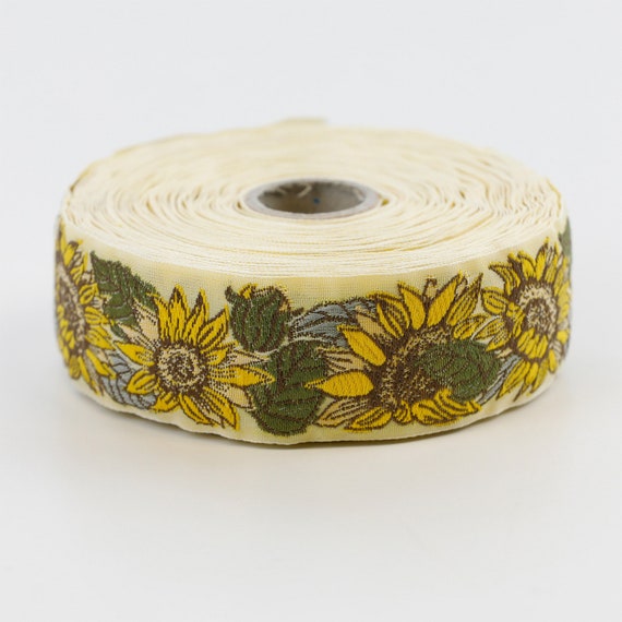 KAFKA G-18/03 Jacquard Ribbon Woven Organic Cotton Trim 1-1/4" wide (32mm) Lt Yellow w/Yellow & Brown Sunflowers Olive Green Leaves