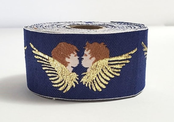 KAFKA G-14/44 Jacquard Ribbon Woven Organic Cotton Trim 1-1/4" wide (32mm) "Denim" Blue w/Angels, Brown Hair, Metallic Gold Wings