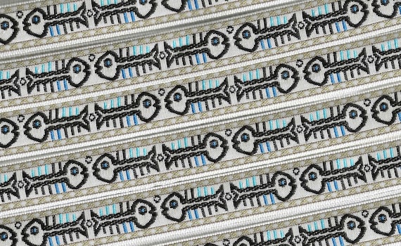 ANIMALS/Water C-15-A Jacquard Ribbon Poly Trim 5/8" Wide (16mm) White w/Black Fish Skeletons, Beige & Blue Accents