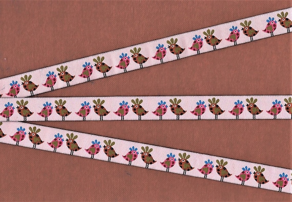 ANIMALS/Birds C- Jacquard Ribbon Poly Trim 5/8" Wide (16mm) Pink Background w/Pink & Brown Birds Turquoise Olive Green Accents, Per Yard