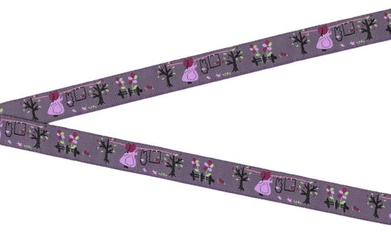 CHILDREN's Fairy Tales C-01-A Jacquard Ribbon Poly Trim 5/8" wide (16mm) Girl in Purple Bonnet, Lilac Dress Hanging Laundry