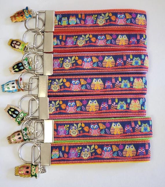 BIRDS Jacquard Ribbon/Nylon Web 1" wide (25mm) Key Fobs, Odile Bailoulle OWLS w/Charms, Keychain, Key Wristlet, Luggage Tags, 5.5" long