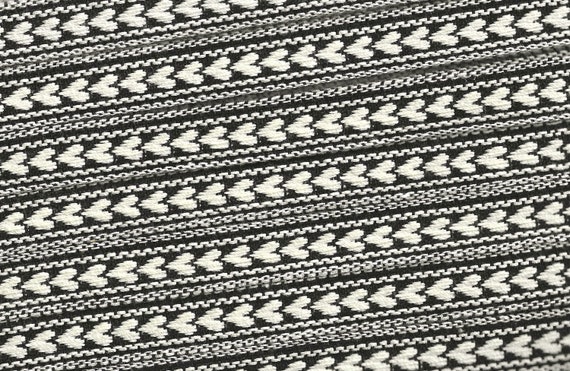 HEARTS/FLOWERS B-10-A Jacquard Ribbon Cotton Trim 9/16" wide (14mm) VINTAGE Black Background w/Ivory Hearts & Border Design, Made in Austria