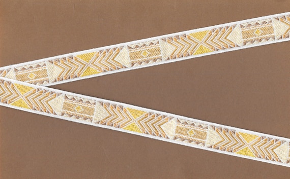 NATIVE AMERICAN D-19-B Jacquard Ribbon Cotton Trim, 3/4" Wide (20mm) White Background w/Tan, Taupe, Beige, Cream & Golden Tones, Per Yard