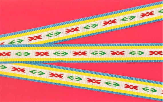 NATIVE AMERICAN F-01-D Jacquard Ribbon Poly Trim 1" Wide (25mm) White Background, Blue & Yellow Borders, Red and Green Accents, Per Yard