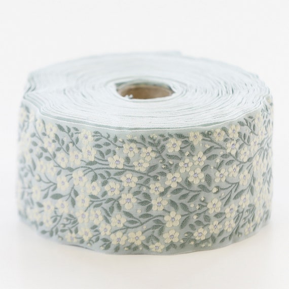 KAFKA K-02/11 Jacquard Ribbon Woven Organic Cotton Trim 2" wide (50mm) Mint Green w/Lt Yellow & Lilac Forget-Me-Nots, Green Leaves