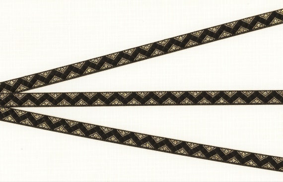 METALLIC A-06-D Jacquard Ribbon Poly Trim, 3/8" Wide (9mm) Black Background with Metallic Gold Zig-Zag Pattern