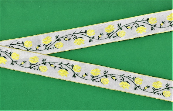 FLORAL F-39-B Jacquard Ribbon Cotton Trim, 1" wide (25mm) White w/Lemon Yellow Borders and Flowers, Green Vines/Leaves