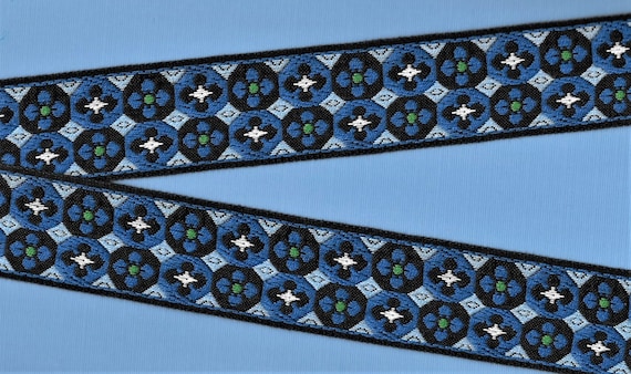 FLORAL H-65-C Jacquard Ribbon Cotton Trim 1-3/8" wide (34mm) Black Borders Mosaic Pattern in Shades of Blue, White & Green Accents