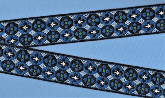 FLORAL H-03-C Jacquard Ribbon Cotton Trim 1-3/8" wide (34mm) Black Borders Mosaic Pattern in Shades of Blue, White & Green Accents, Per Yard