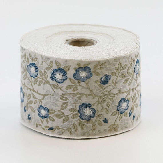 KAFKA L-01/28 Jacquard Ribbon Woven Organic Cotton Trim 2-3/8" wide (60mm) Beige w/Variegated Blue Wild Roses, Beige & Taupe Leaves/Vines